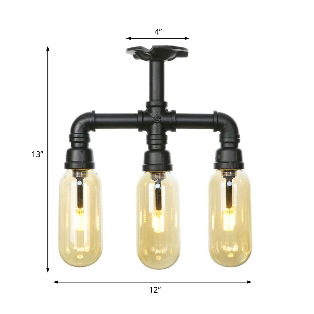 Vintage Amber Glass Ceiling Light with Matte Black Semi Flush Design - 3/4 Light Oval Shade