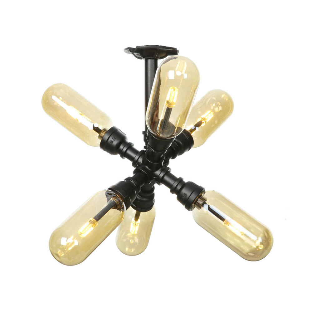 Rustic Amber Glass Ceiling Light with Semi-Flush Design - 4/5/6 Bulbs, Matte Black Finish, and Pipe Detail - Perfect for Kitchen and Home Decor