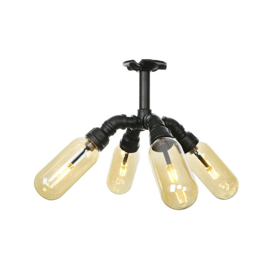 Rustic Amber Glass Ceiling Light with Semi-Flush Design - 4/5/6 Bulbs, Matte Black Finish, and Pipe Detail - Perfect for Kitchen and Home Decor