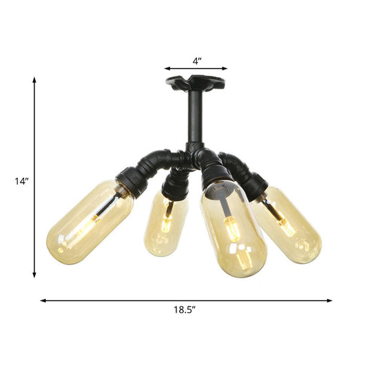 Rustic Amber Glass Ceiling Light With Semi-Flush Design - 4/5/6 Bulbs Matte Black Finish And Pipe