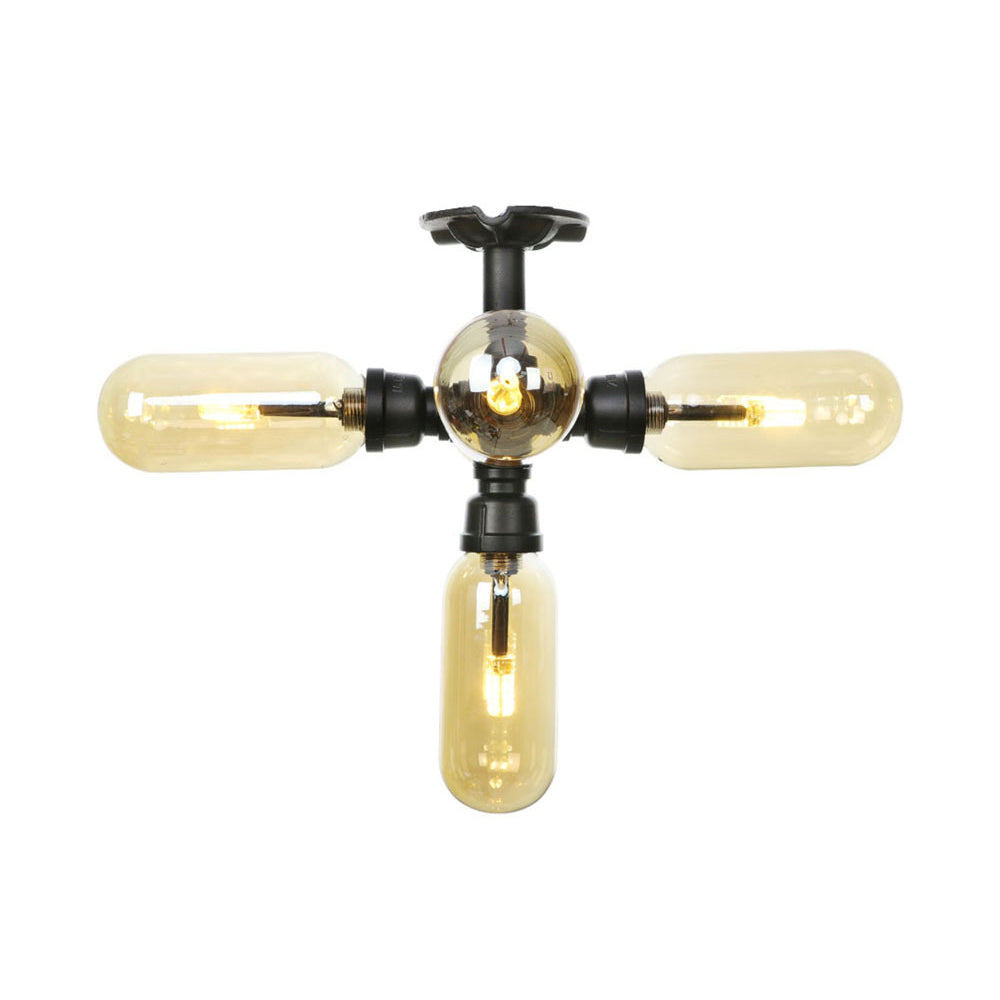 Rustic Amber Glass Ceiling Light With Semi-Flush Design - 4/5/6 Bulbs Matte Black Finish And Pipe