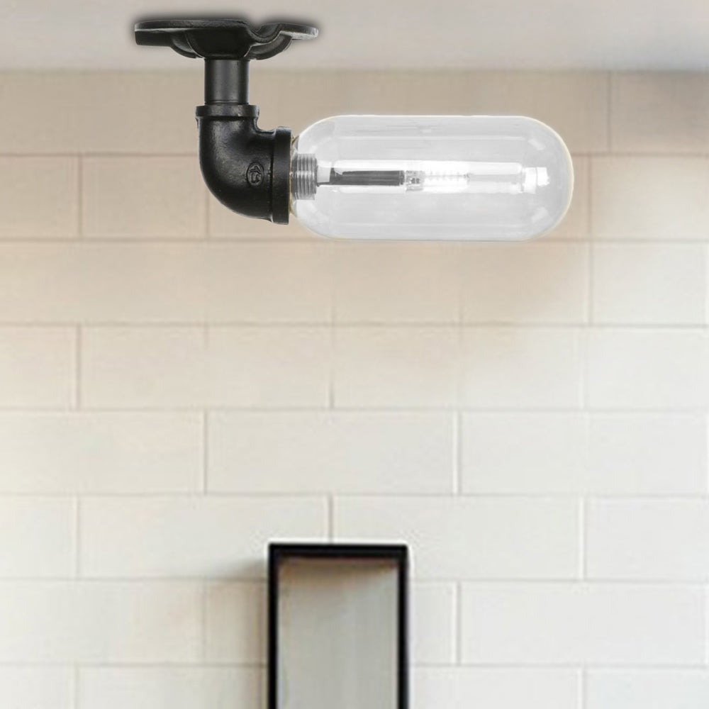 Industrial Black Ceiling Mounted Fixture - Oval Clear Glass Shade, Semi Flush Mount with Pipe Design