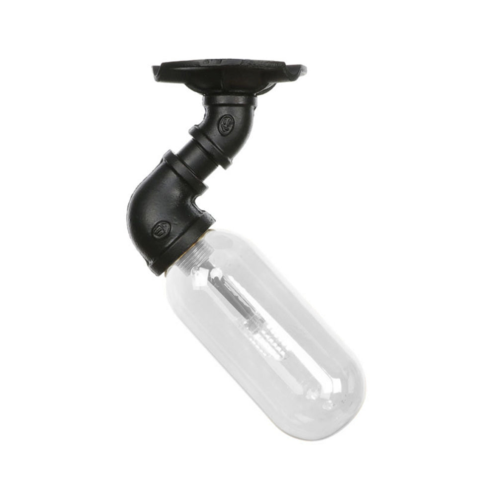 Industrial Black Ceiling Mounted Fixture - Oval Clear Glass Shade, Semi Flush Mount with Pipe Design