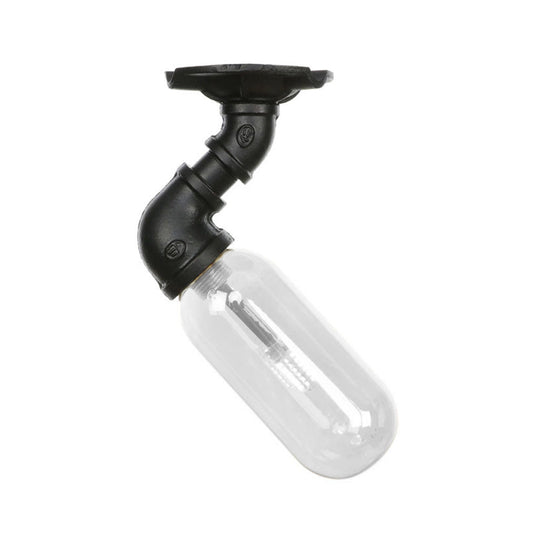 Industrial Black Ceiling Mounted Fixture - Oval Clear Glass Shade Semi Flush Mount With Pipe Design