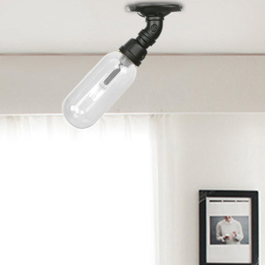 Industrial Black Ceiling Mounted Fixture - Oval Clear Glass Shade, Semi Flush Mount with Pipe Design