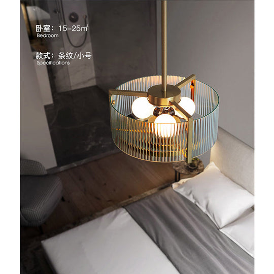 Modern Brass Drum Chandelier Lamp Clear Lattice Glass Hanging Light For Kitchen 3 Bulbs