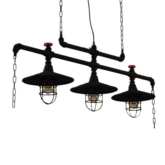 Steampunk Black Iron Hanging Light With Cage And Chain - 2/3 Heads Saucer Island Fixture