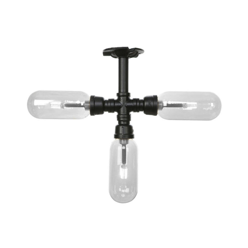 Vintage Style Matte Black Semi Flush Light with Clear Glass - Pipe Designed 3/4 Light Capsule Fixture