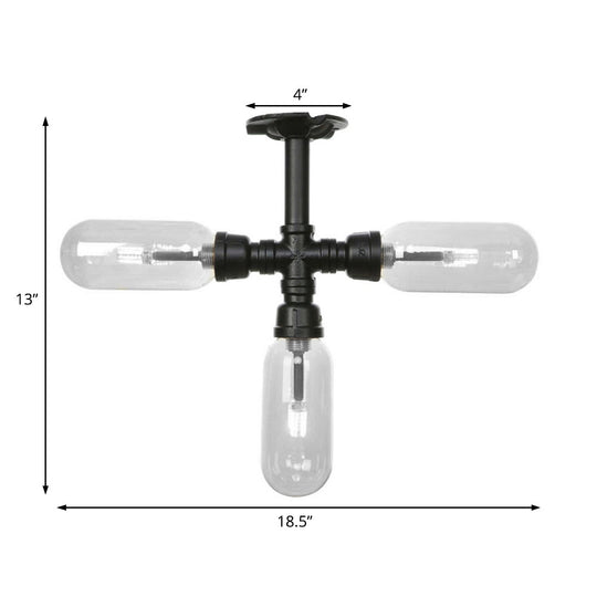 Vintage Style Matte Black Semi Flush Light with Clear Glass - Pipe Designed 3/4 Light Capsule Fixture