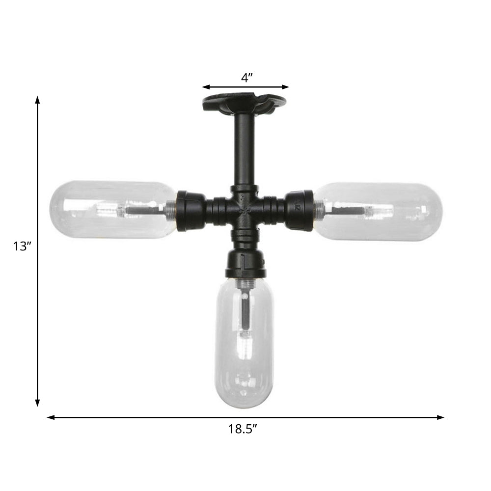 Vintage Style Matte Black Semi Flush Light With Clear Glass - Pipe Designed 3/4 Capsule Fixture