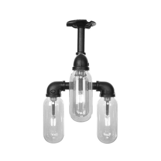 Vintage Style Matte Black Semi Flush Light with Clear Glass - Pipe Designed 3/4 Light Capsule Fixture