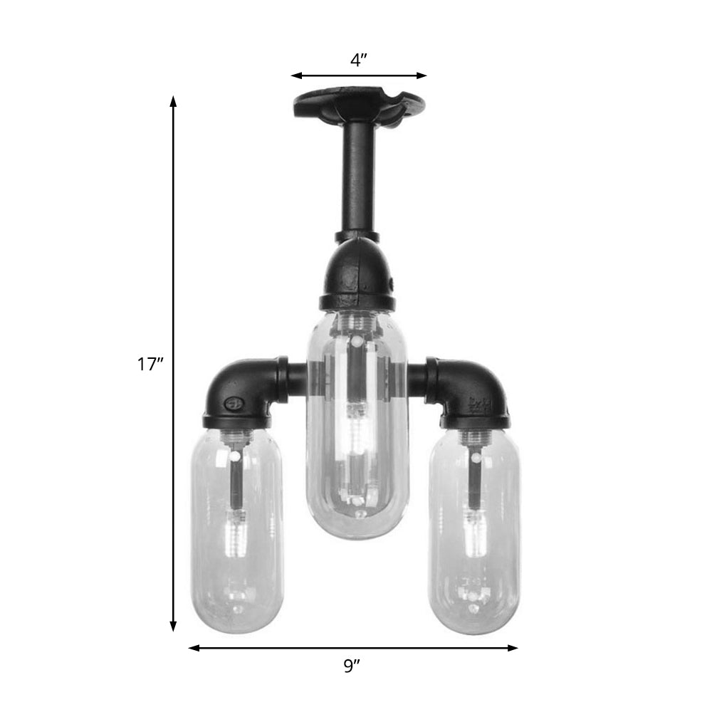 Vintage Style Matte Black Semi Flush Light with Clear Glass - Pipe Designed 3/4 Light Capsule Fixture