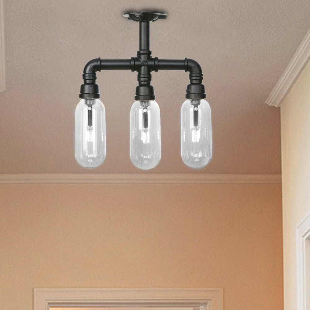 Vintage Style Matte Black Semi Flush Light with Clear Glass - Pipe Designed 3/4 Light Capsule Fixture