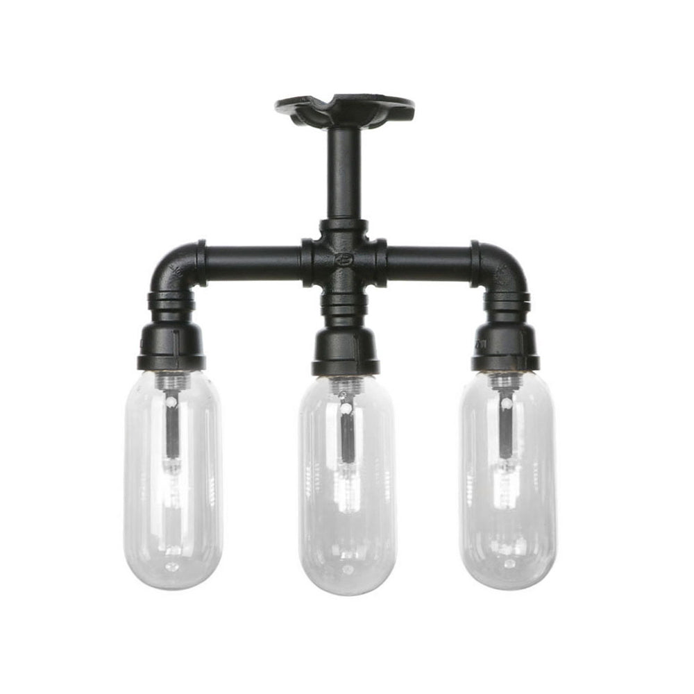 Vintage Style Matte Black Semi Flush Light with Clear Glass - Pipe Designed 3/4 Light Capsule Fixture