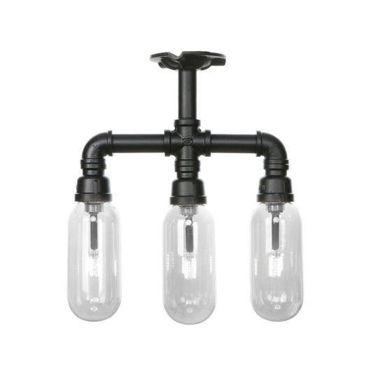 Vintage Style Matte Black Semi Flush Light With Clear Glass - Pipe Designed 3/4 Capsule Fixture