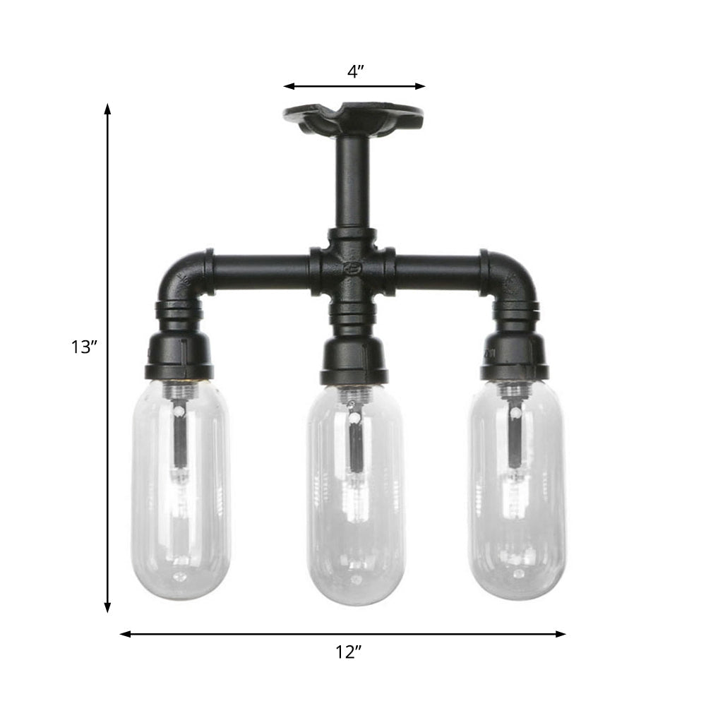 Vintage Style Matte Black Semi Flush Light with Clear Glass - Pipe Designed 3/4 Light Capsule Fixture