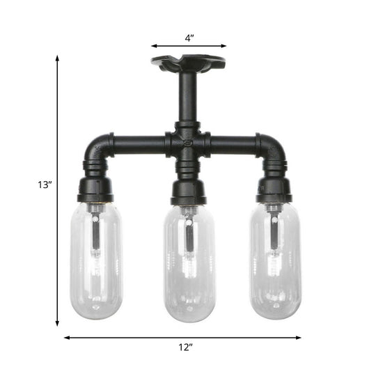 Vintage Style Matte Black Semi Flush Light with Clear Glass - Pipe Designed 3/4 Light Capsule Fixture