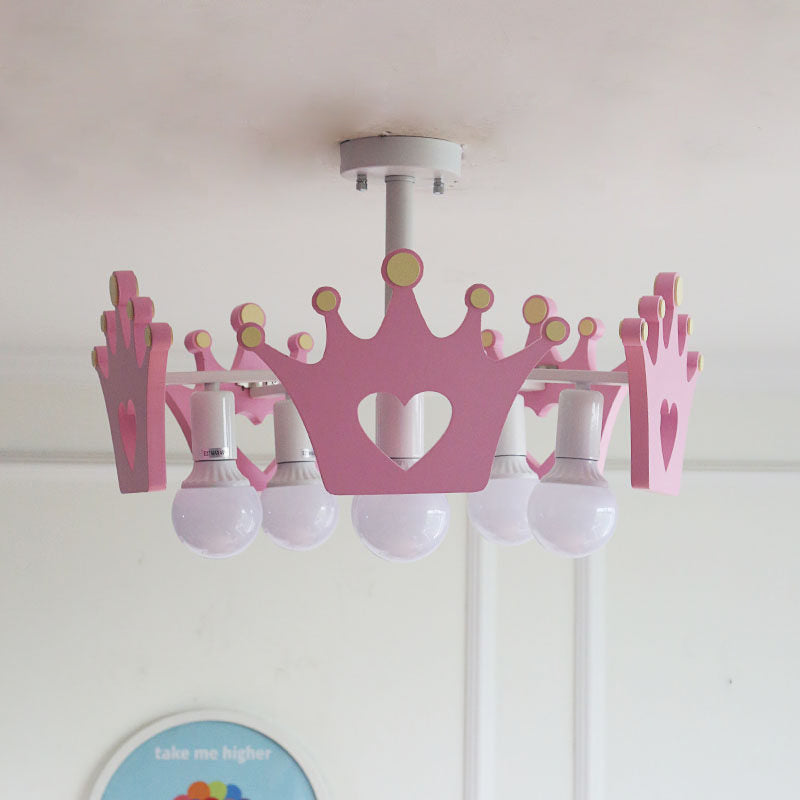 Art Deco Wooden Pendant Lights Pink Crown Chandelier For Bedroom