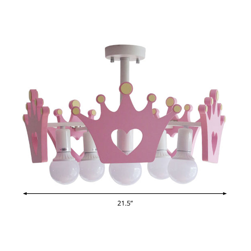 Art Deco Wooden Pendant Lights Pink Crown Chandelier For Bedroom