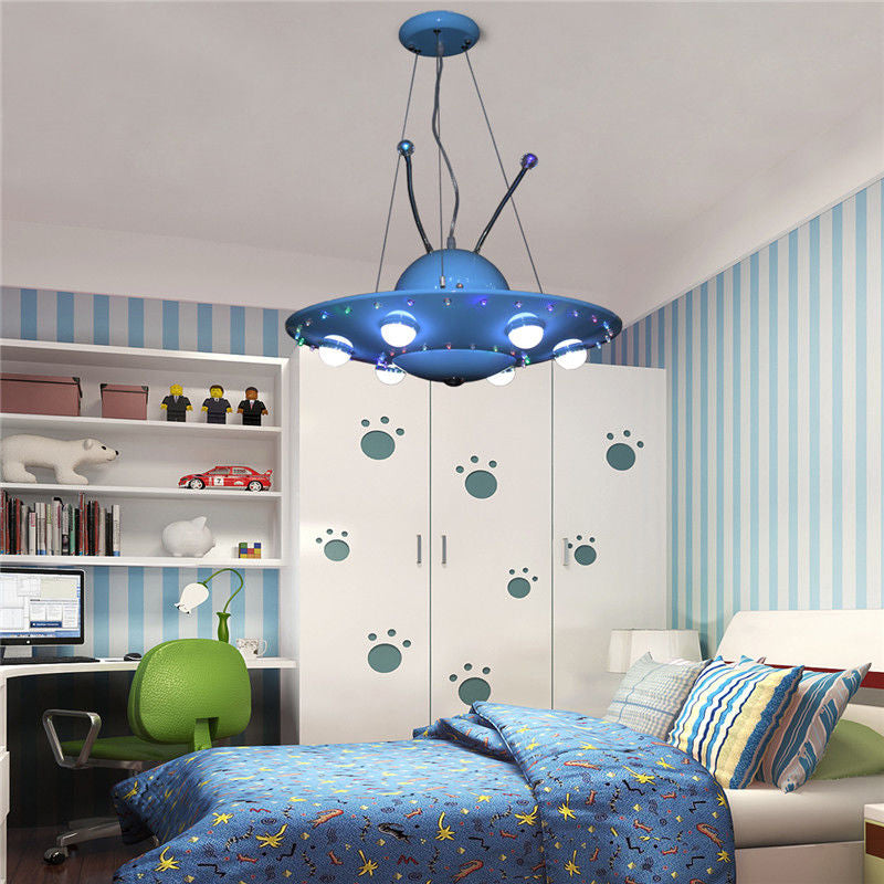 Blue Cartoon Ufo Chandelier: Led Metal Pendant Light For Boys Bedroom