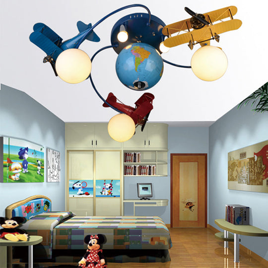 Blue Battle Plane Flush Mount Ceiling Light - Fun Cartoon Metal Fixture for Kid's Bedroom