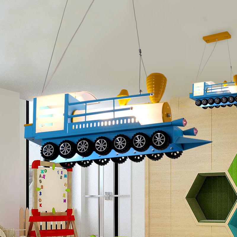 Cartoon Blue Train Pendant Light: Metal Chandelier For Kindergarten