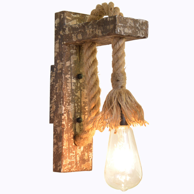 Bare Bulb Wall Light Fixture Beige Jute Rope Wood Backplate Warehouse Style