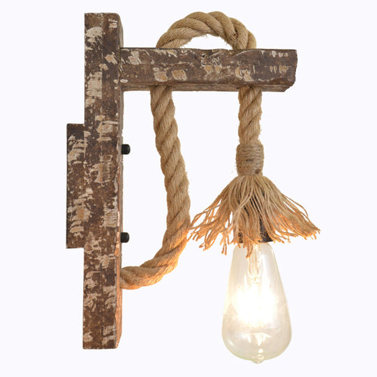 Bare Bulb Wall Light Fixture Beige Jute Rope Wood Backplate Warehouse Style