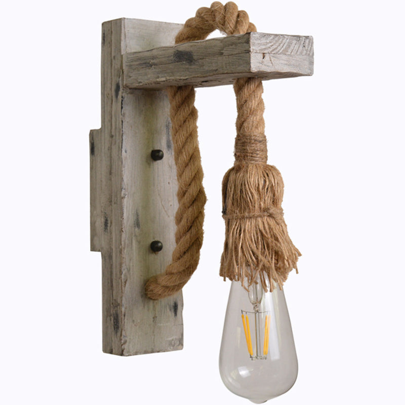 Industrial Wood Wall Lamp With Rope Cord - Grey Finish