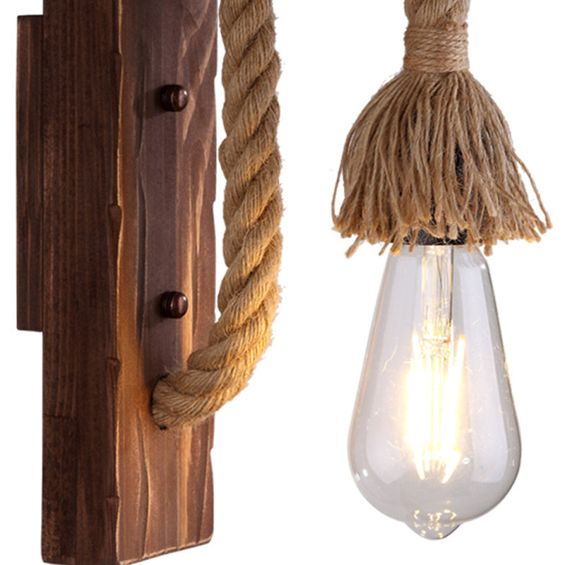 Rustic L-Shaped Wall Mount With Hemp Rope Cord - Brown Wood Dining Room Fixture