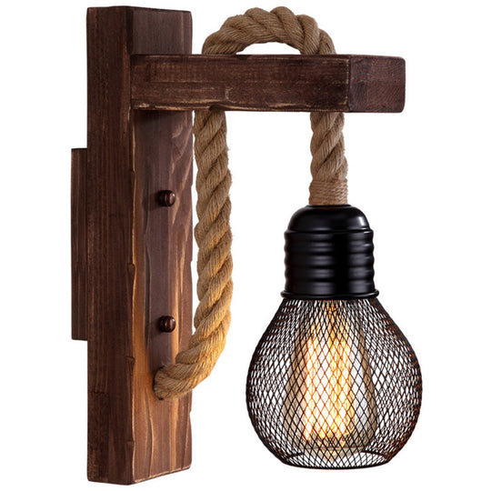 Rustic L-Shaped Wall Mount With Hemp Rope Cord - Brown Wood Dining Room Fixture / With Shade