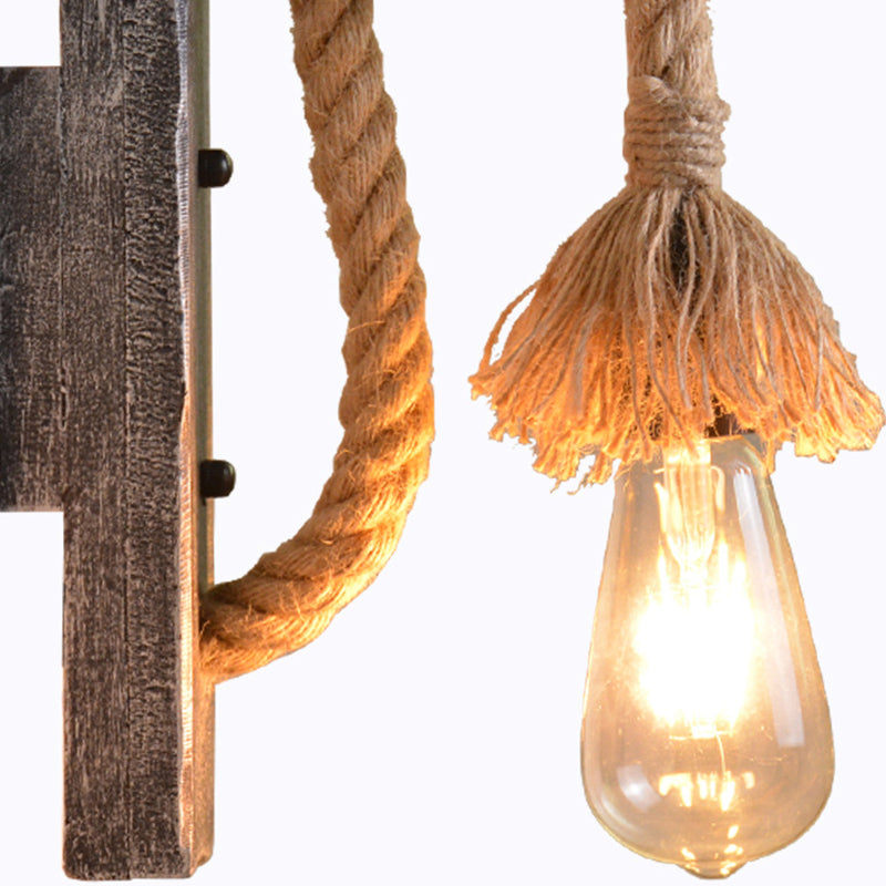 Industrial Style Grey Rope Wall Light With Wood L-Arm - Bare Bulb Lighting Idea