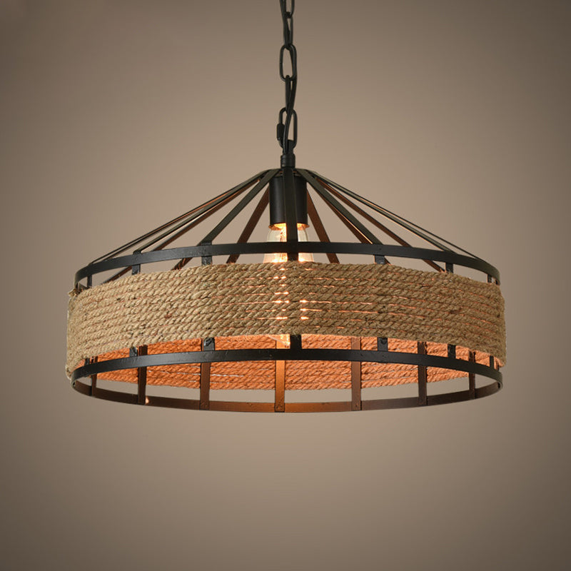 Antiqued Metal Pendant Light With Jute Rope Drop For Restaurants - Single Bulb Black Finish / 12