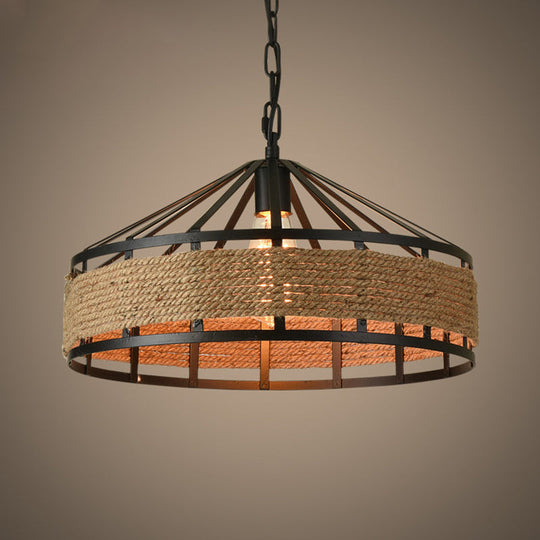 Antiqued Metal Pendant Light With Jute Rope Drop For Restaurants - Single Bulb Black Finish / 12