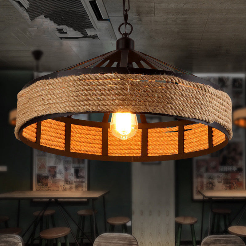 Metal Barn Hanging Ceiling Light: Antiqued 1 Bulb Pendant with Jute Rope Drop, Black - Perfect for Restaurants