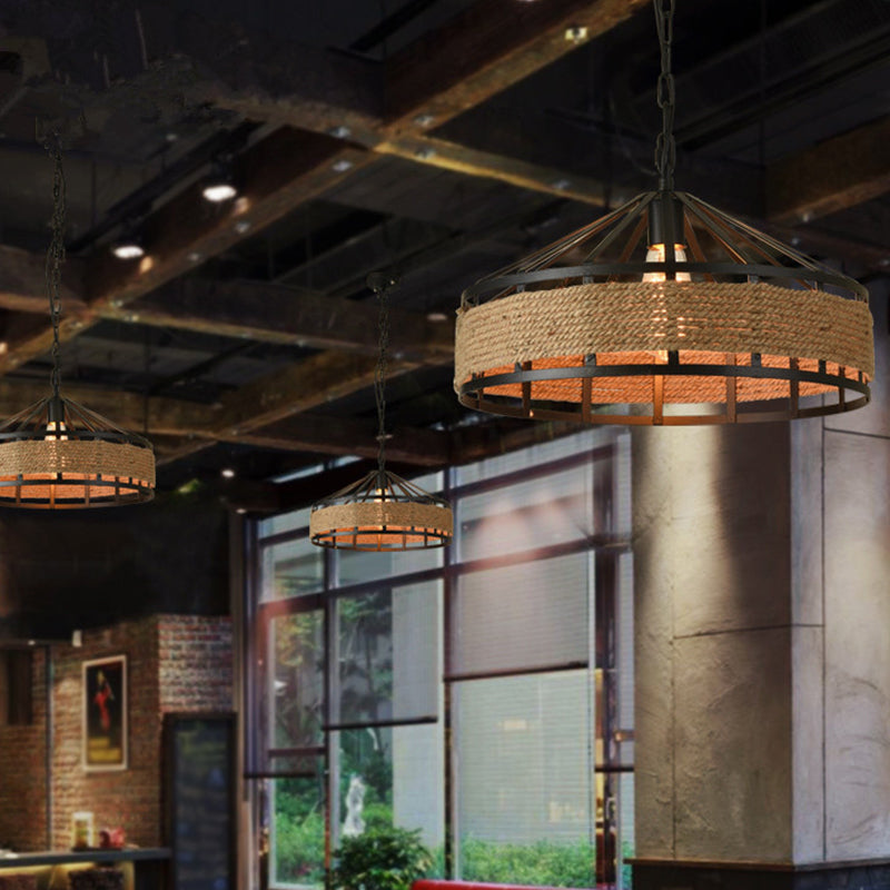 Metal Barn Hanging Ceiling Light: Antiqued 1 Bulb Pendant with Jute Rope Drop, Black - Perfect for Restaurants