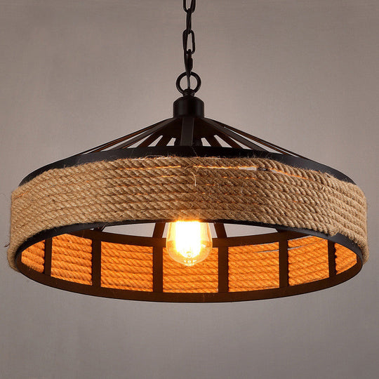 Metal Barn Hanging Ceiling Light: Antiqued 1 Bulb Pendant with Jute Rope Drop, Black - Perfect for Restaurants