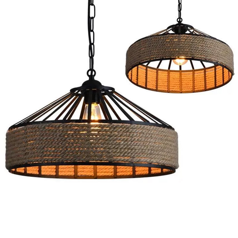 Industrial Pendant Light With Vintage Rope And Barn Metal Shade - Perfect For Dining Rooms