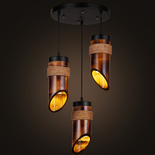 Bamboo Beveled Tube Hanging Light Fixture for Dining Room with Rope Suspension in Brown