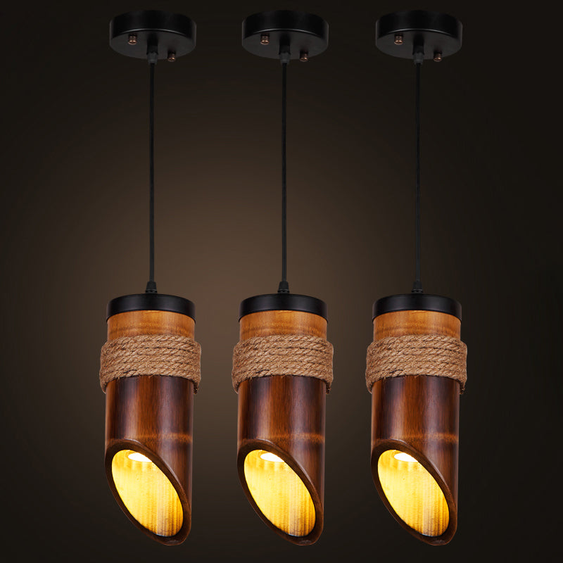 Bamboo Beveled Tube Hanging Light Fixture for Dining Room with Rope Suspension in Brown