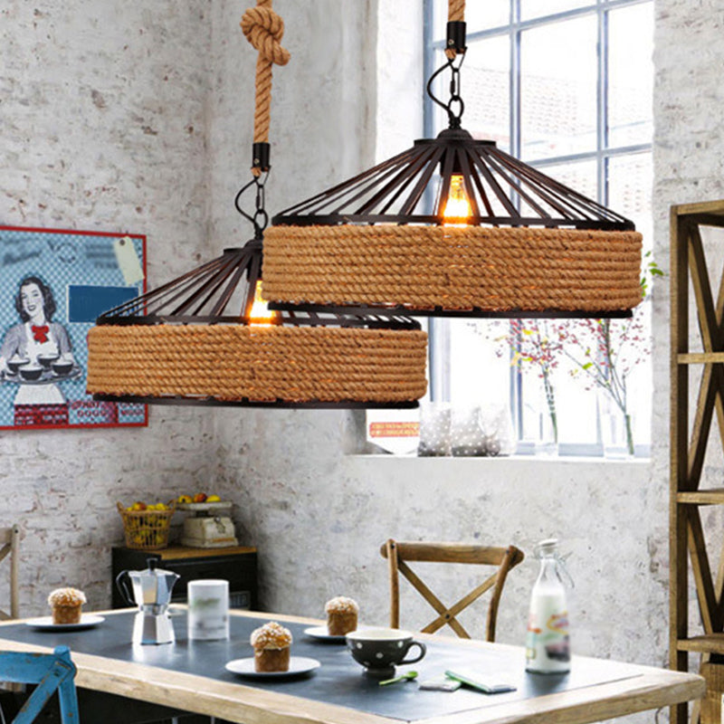 Farmhouse Metal Drop Lamp with Rope Barn Shade in Black - Perfect for Dining Room Suspension Lighting