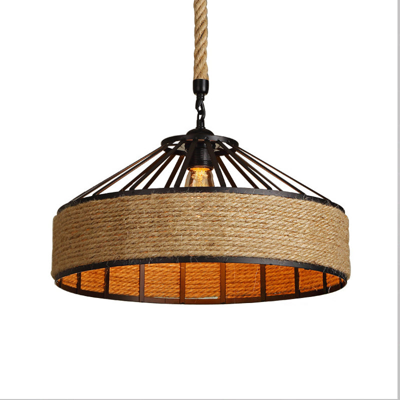 Farmhouse Metal Drop Lamp with Rope Barn Shade in Black - Perfect for Dining Room Suspension Lighting