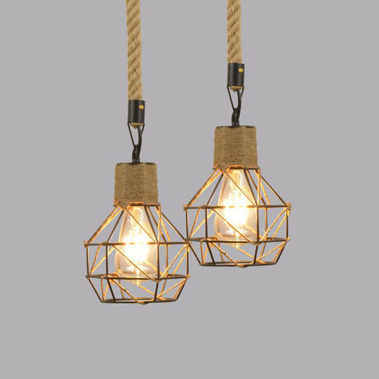 Industrial Black Iron Ceiling Pendant Light With Globe Cage And Rope Cord