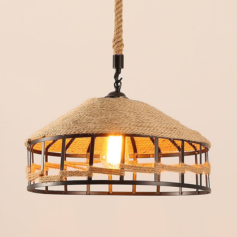 Rustic Beige Rope Barn Ceiling Light - 1 Metal Drop Lamp For Restaurants / 12 B