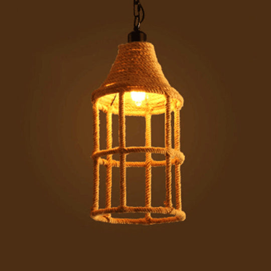 Geometric Pendant Light Kit - Industrial Beige Natural Rope Hanging Lighting For Dining Room / C