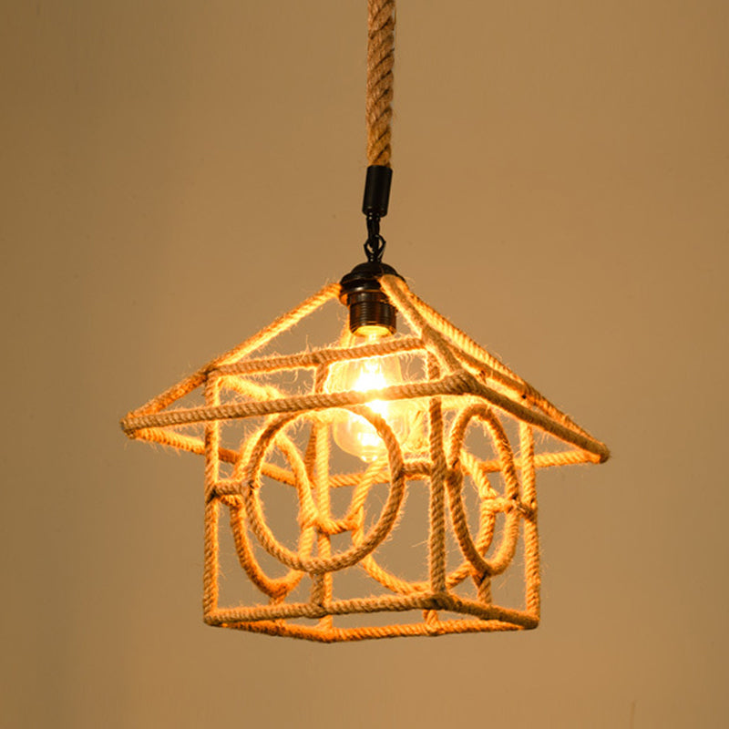 Industrial Pendant Lighting With Beige Geometry Rope Shade - Perfect For Dining Rooms / F