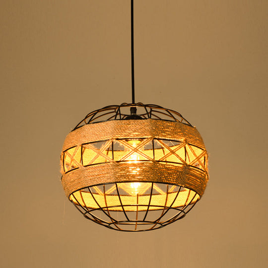 Industrial Dining Pendant Light with Beige Geometry Rope Shade