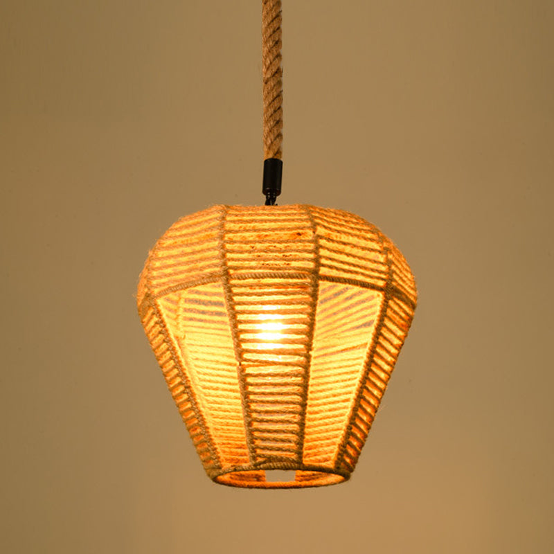 Industrial Dining Pendant Light with Beige Geometry Rope Shade