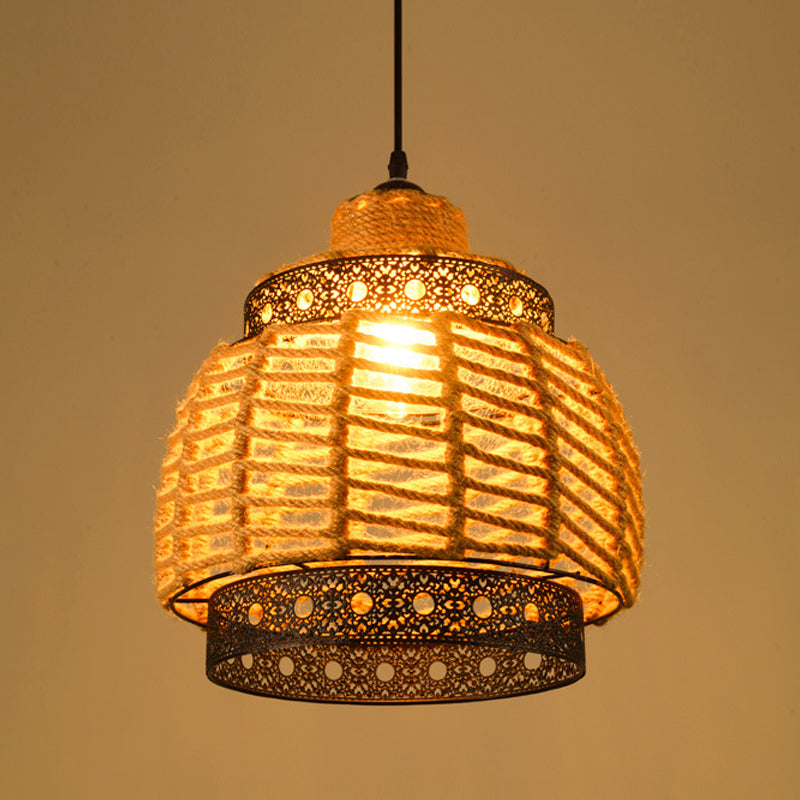 Industrial Dining Pendant Light with Beige Geometry Rope Shade