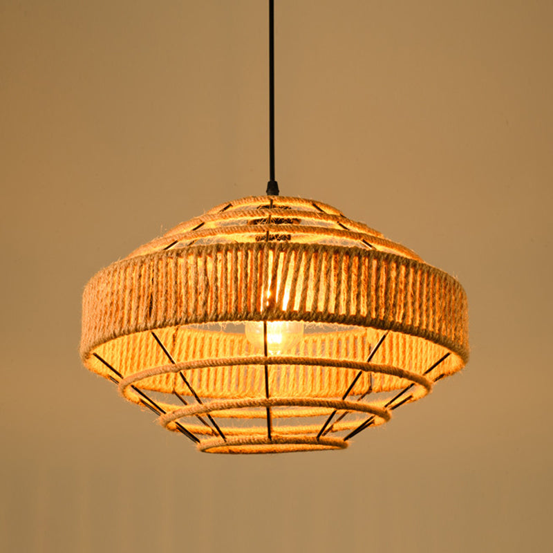 Industrial Dining Pendant Light with Beige Geometry Rope Shade